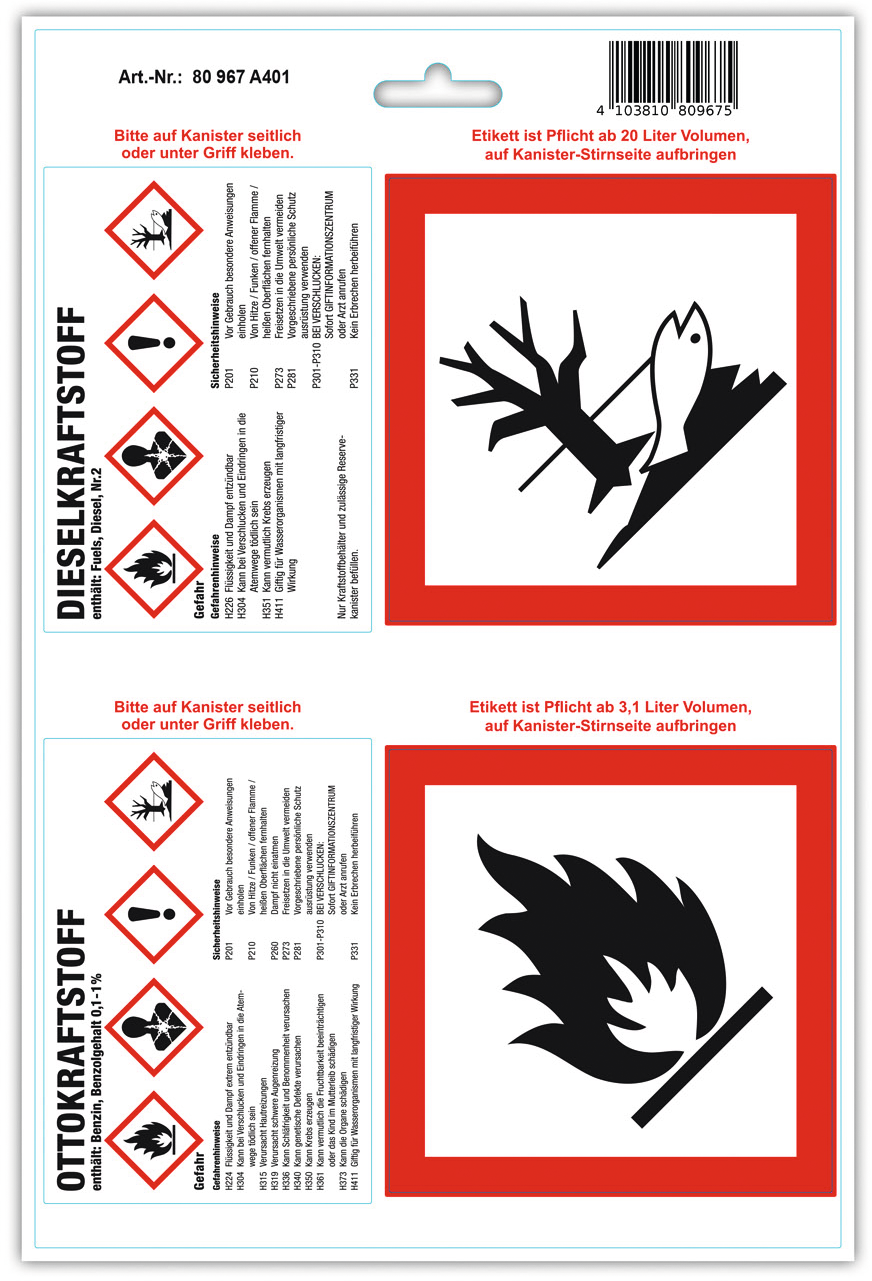 GHS-Etikett für Kraftstoffkanister