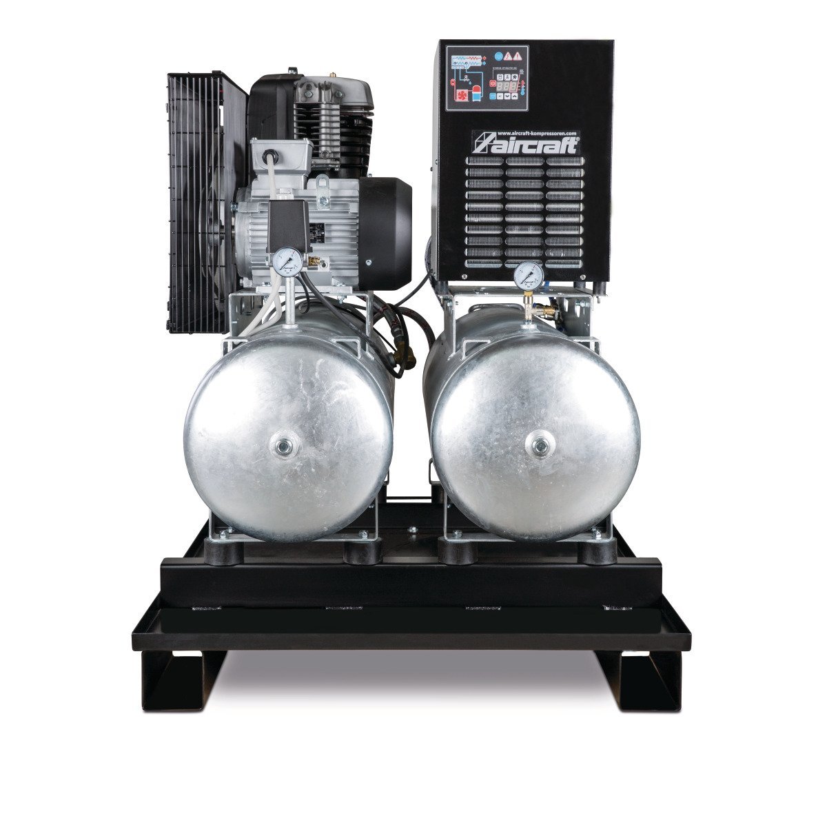 Stationärer Kolbenkompressor mit 2x 100 Liter-Druckluftbehältern und Kältetrockner Aircraft AIRPROFI DUO 853/2x100/10 K