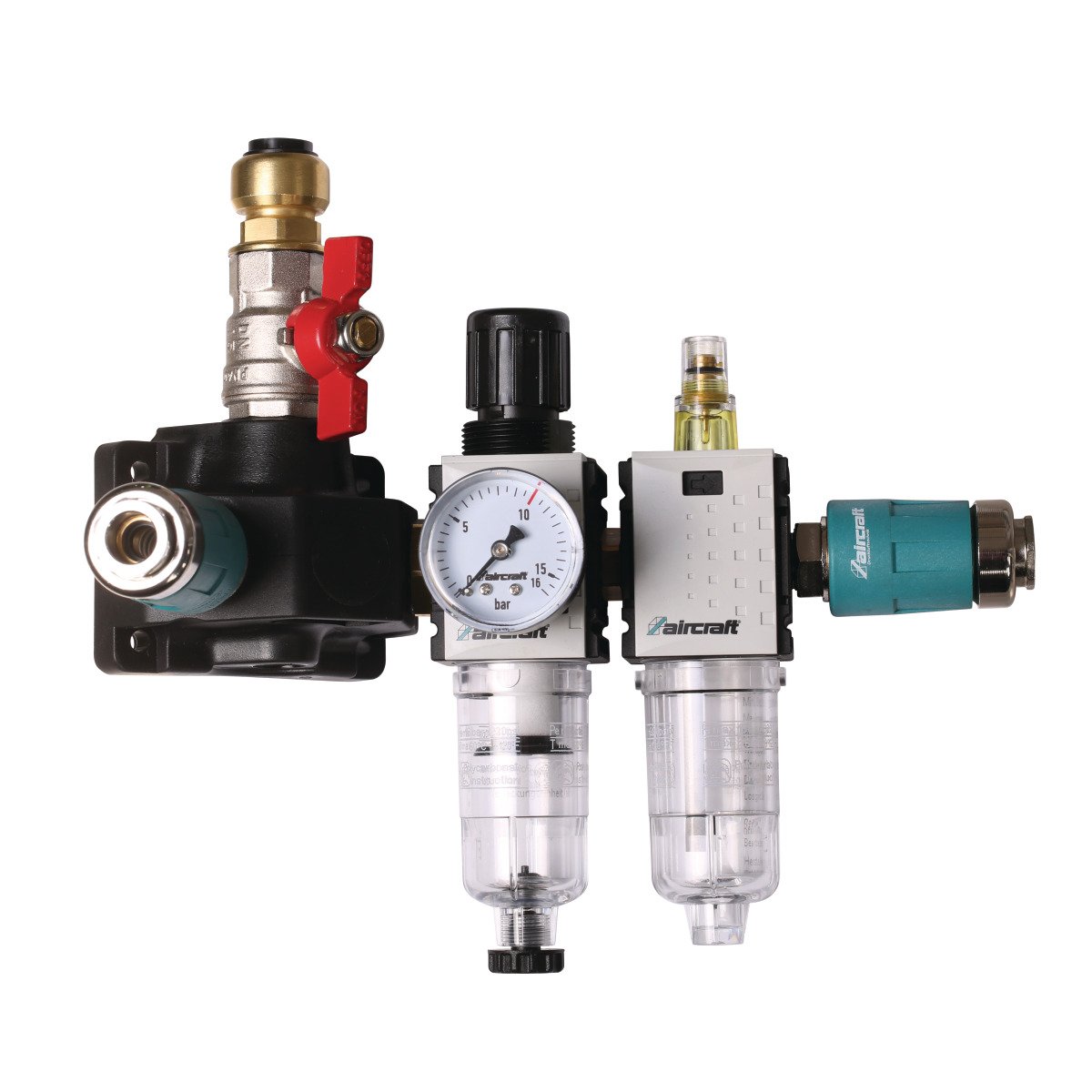 Endverteilerdose mit zwei Sicherheitskupplungen, Absperrhahn und Filterdruckregler und Nebelöler Aircraft 12 bar 18 mm