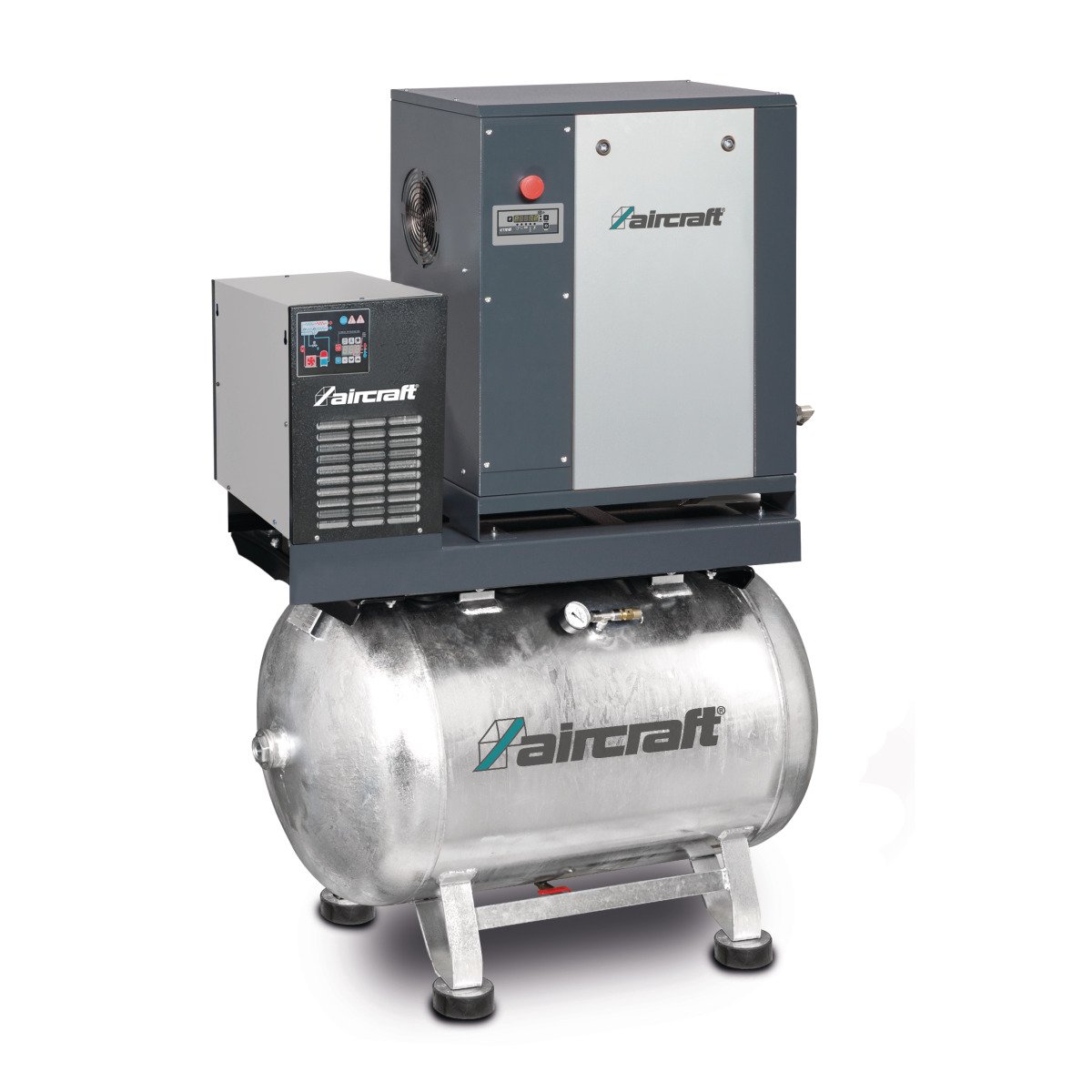 Schraubenkompressor mit Rippenbandriemenantrieb auf Behälter mit angebautem Kältetrockner Aircraft A-MICRO 5.5-10-270 K