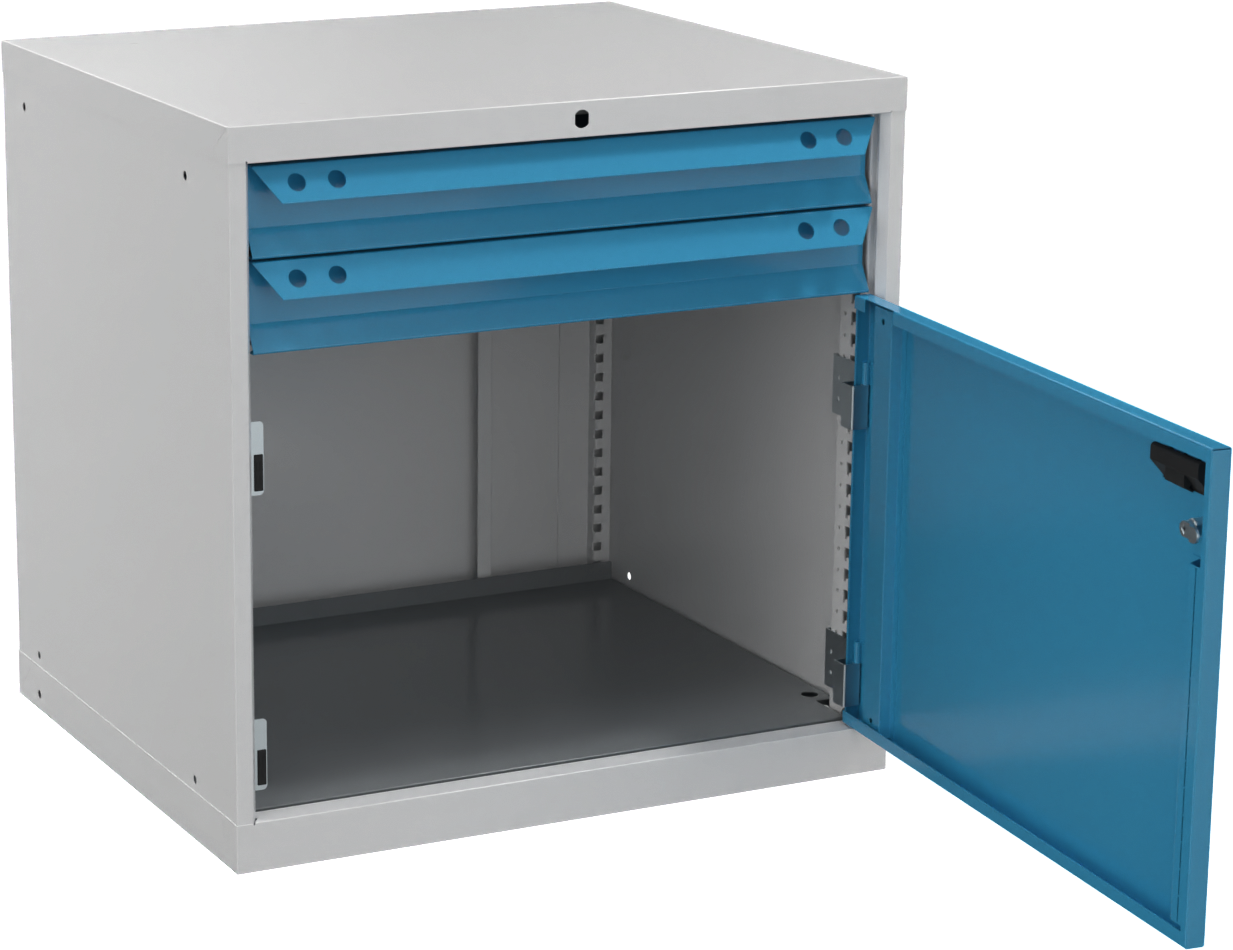 Maschinenschrank mit 2 Schubladen 80kg RAL7035/5012 H800 x T695 x B605mm