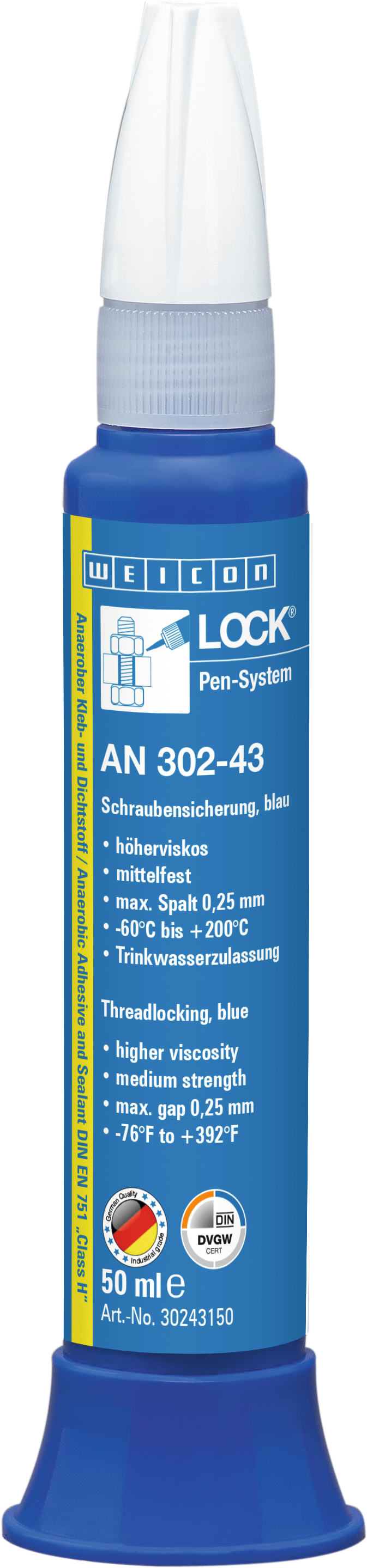 Schraubensicherung mittelfest DVGW WEICONLOCK® AN 302-43 mit NSF®-Zertifizierung 50ml blau Schraubensicherung mittelfest DVGW WEICONLOCK® AN 302-43 mit NSF®-Zertifizierung 50ml blau