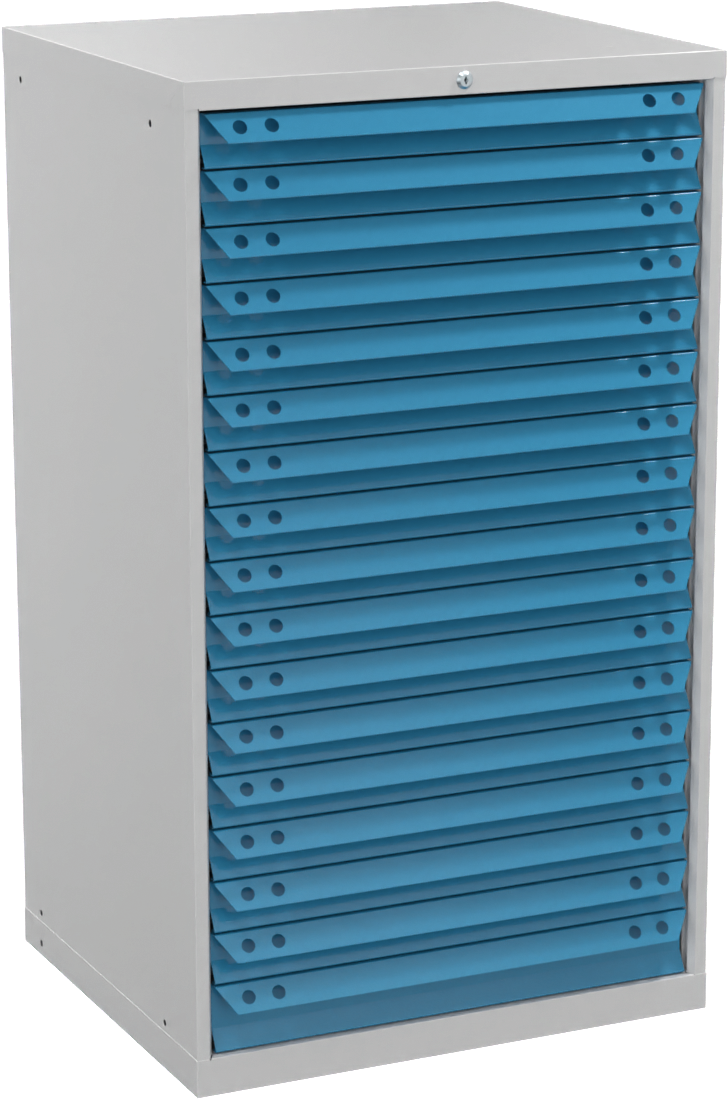 Schubladenschrank Höhe 1400mm mit 13 Schubl. 80kg RAL7035/5012 T695 x B605mm