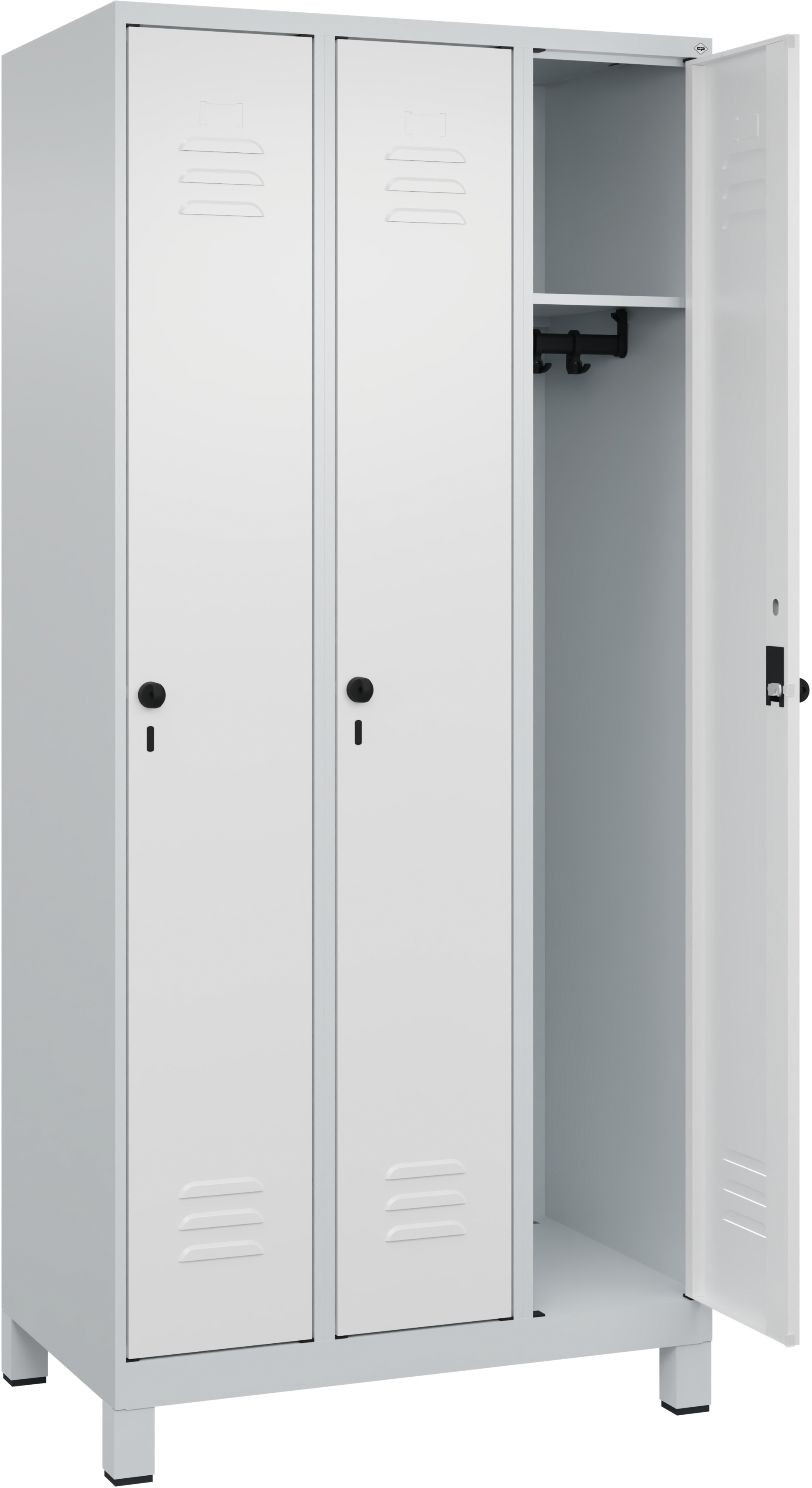 Garderobenschrank mit Füßen 3 Abteile 300mm RAL7035 H1950 x T500 x B900mm