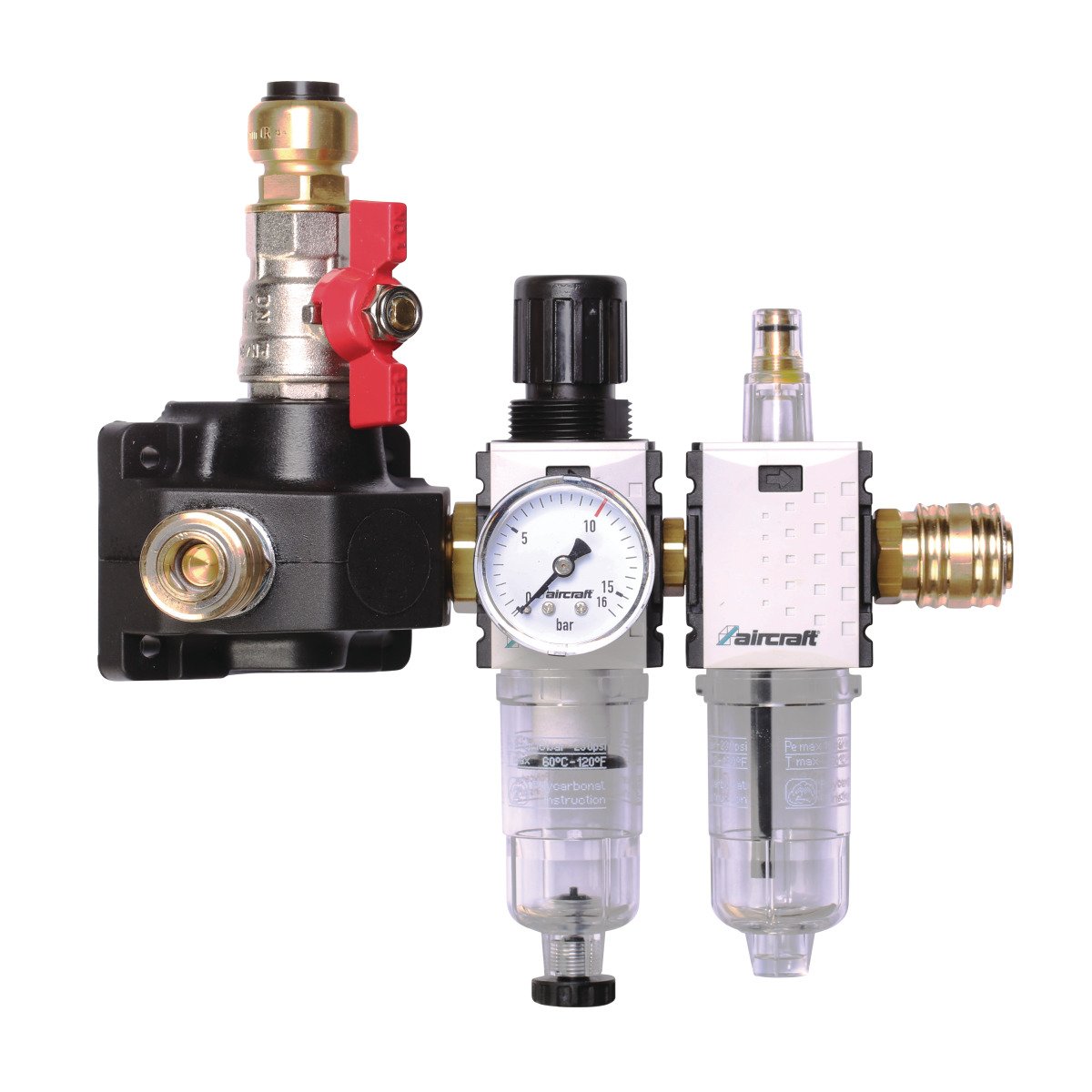 Endverteilerdose mit zwei Einhandkupplungen, Absperrhahn und Filterdruckregler und Nebelöler Aircraft 12 bar 18 mm