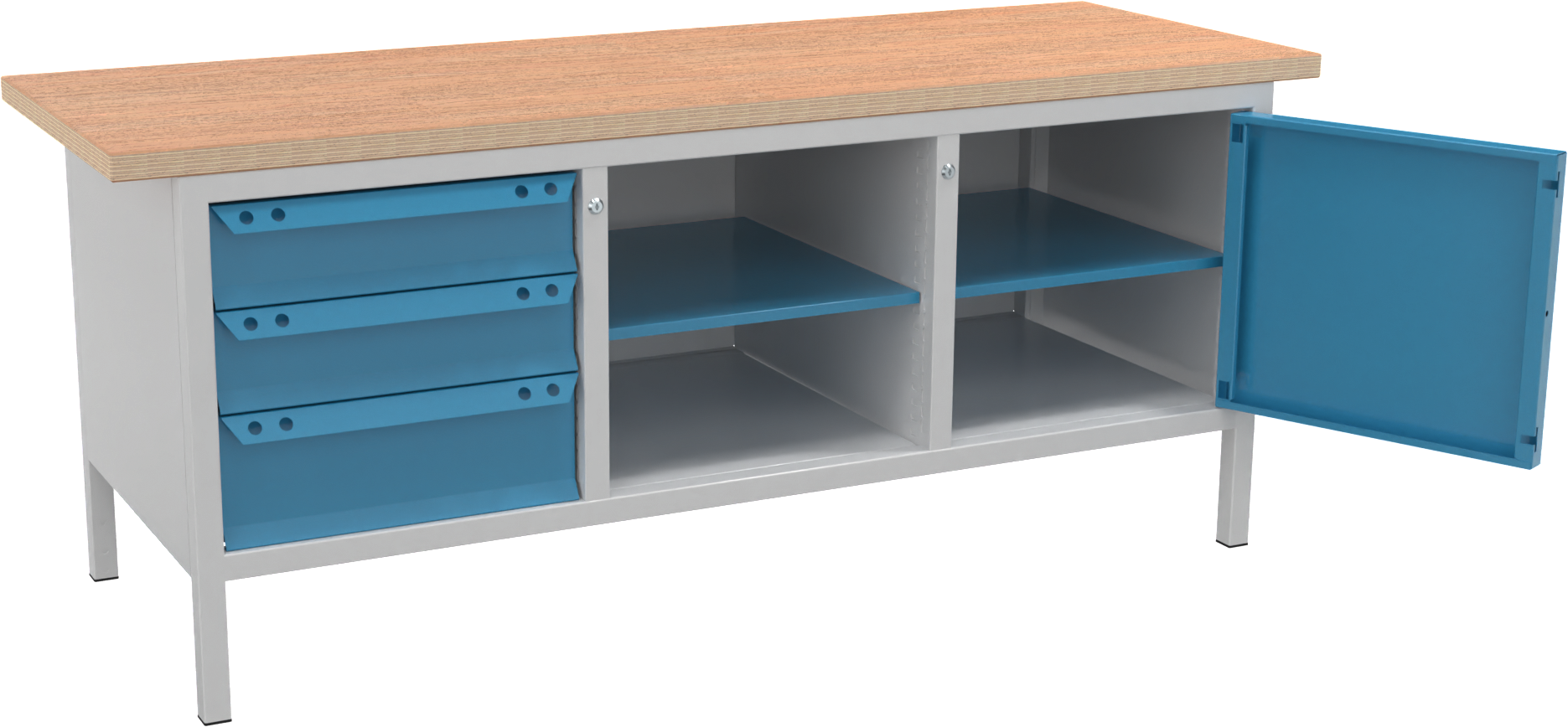Werkbank Kompakt "EYL 1" Ben B2000 x H840 x T700mm RAL7035/5012 3 Schubladen, 1 Flügeltür Werkbank Kompakt "EYL 1" Ben B2000 x H840 x T700mm RAL7035/5012 3 Schubladen, 1 Flügeltür