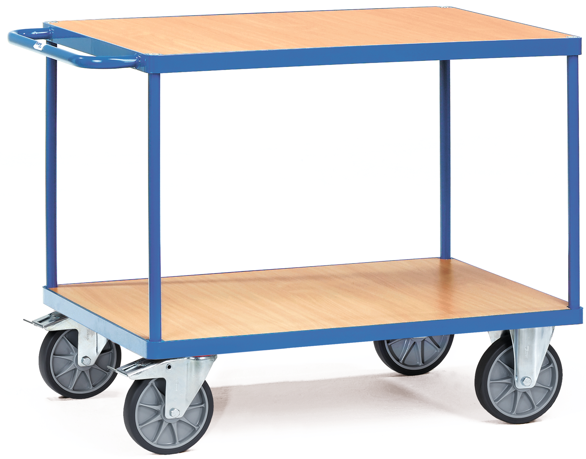 Tischwagen 2 Ebenen planaufliegend RAL5007 500kg TPE-Bereifung 1000x700mm Tischwagen 2 Ebenen planaufliegend RAL5007 500kg TPE-Bereifung 1000x700mm