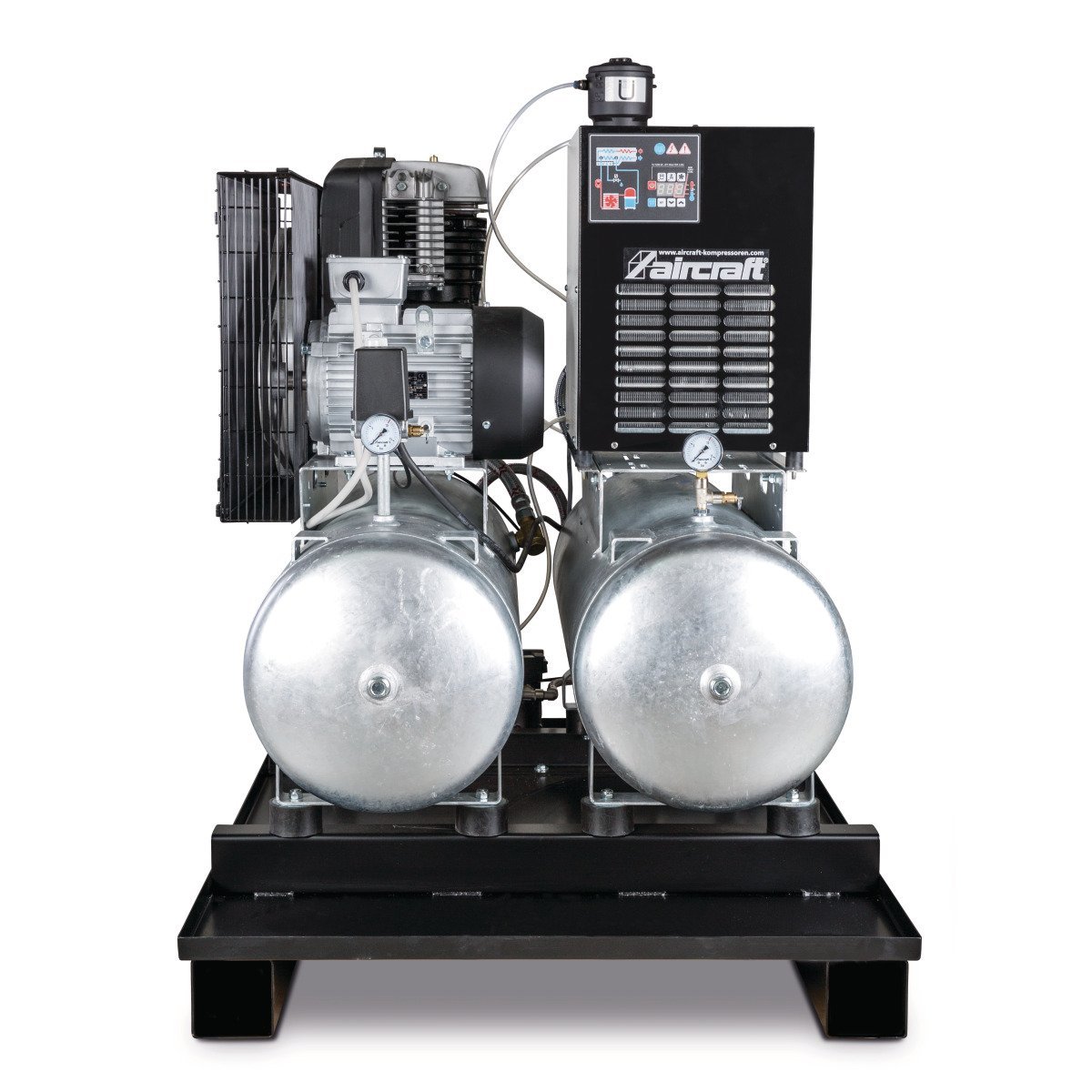 Stationärer Kolbenkompressor mit 2x 100 Liter-Druckluftbehältern, Kältetrockner, Feinfilter, Kondensatableiter- und aufbereiter Aircraft AIRPROFI DUO