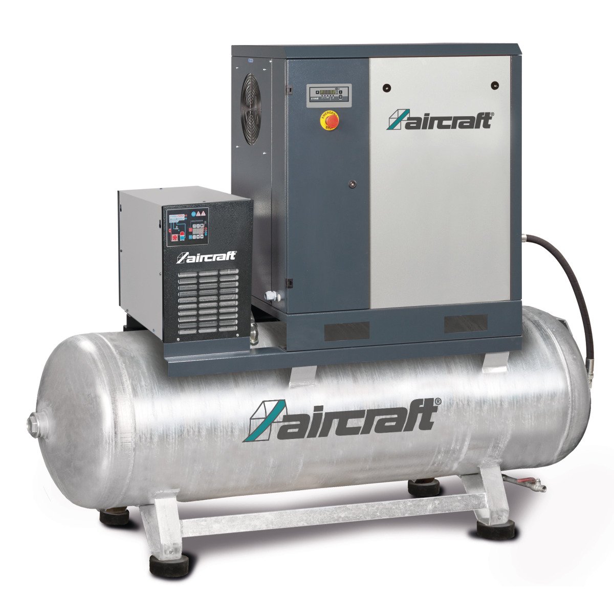 Schraubenkompressor mit Rippenbandriemenantrieb auf Behälter mit angebautem Kältetrockner Aircraft A-PLUS 15-10-500 K