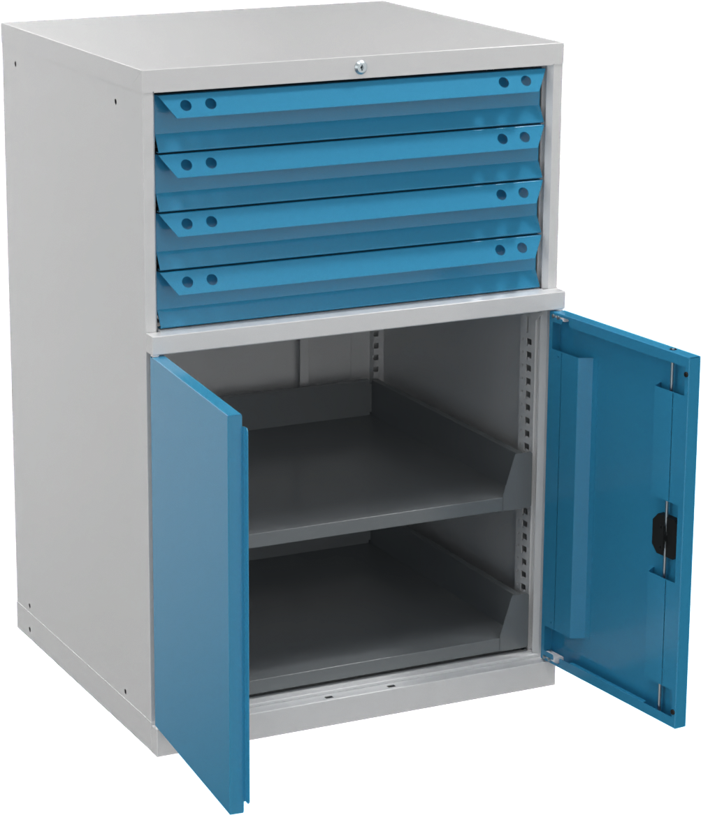 Maschinenschrank mit 2 Schubladen 80kg RAL7035/5012 H800 x T695 x B605mm