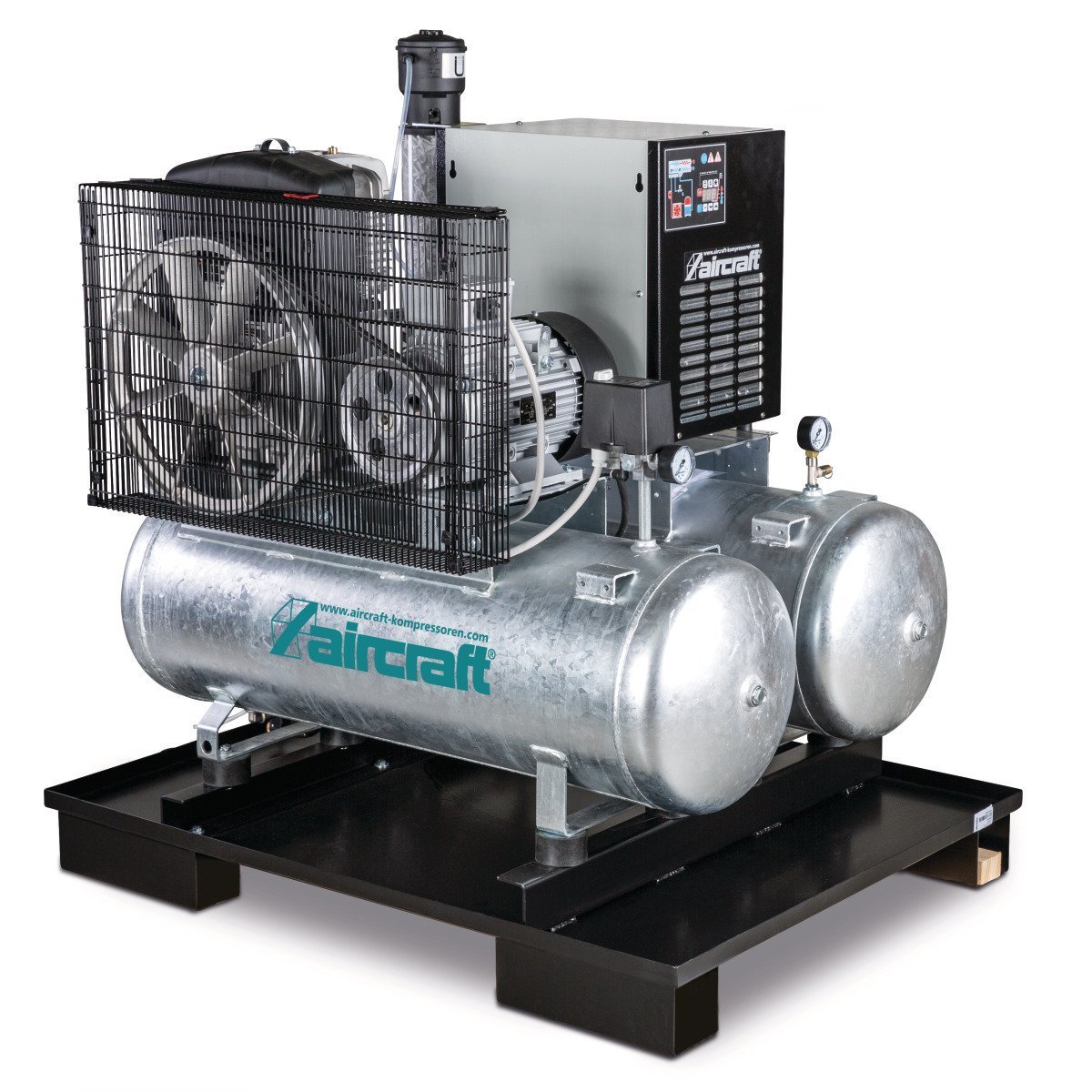 Stationärer Kolbenkompressor mit 2x 100 Liter-Druckluftbehältern, Kältetrockner, Feinfilter, Kondensatableiter- und aufbereiter Aircraft AIRPROFI DUO