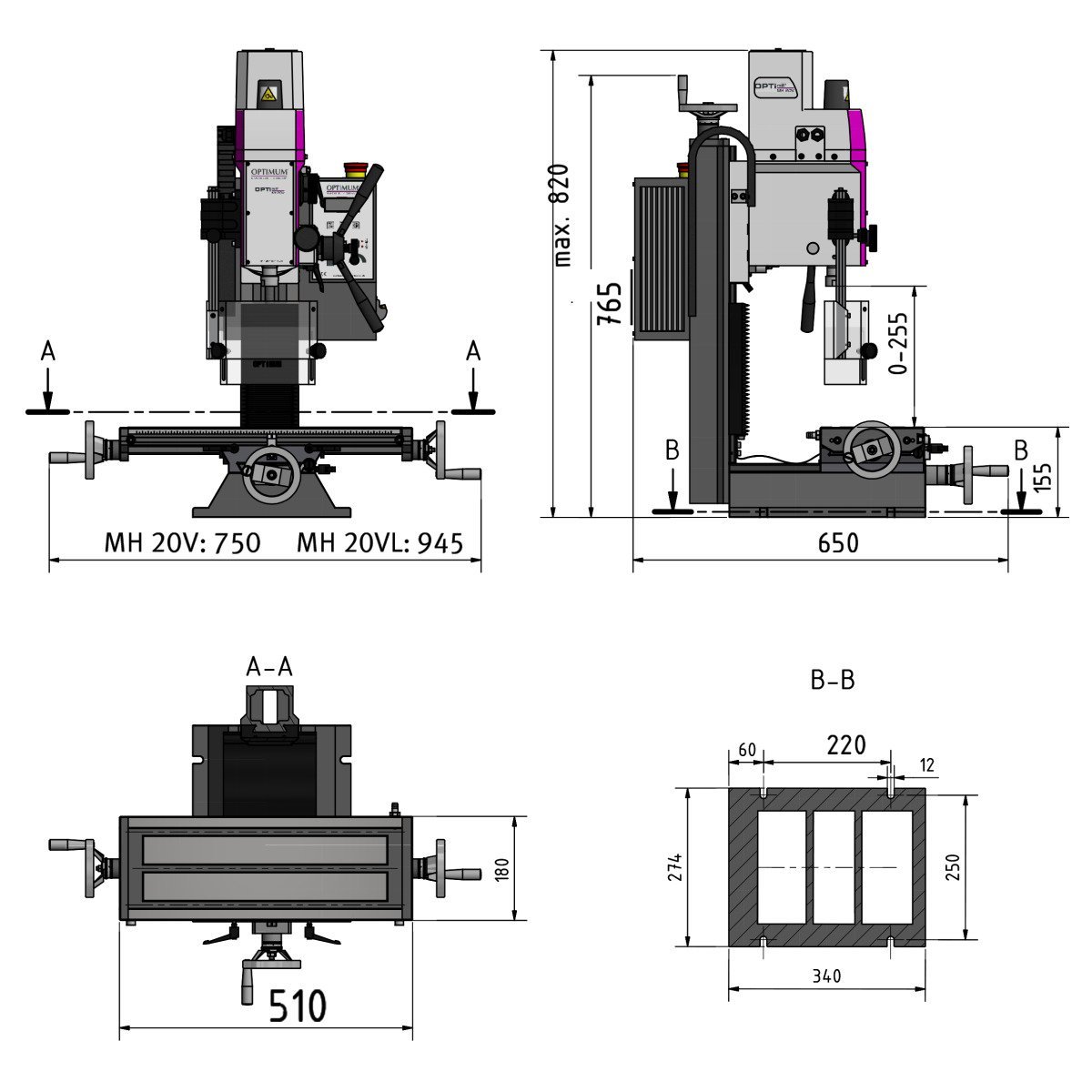 Bohr-Fräsmaschine Optimum OPTImill MH 20V