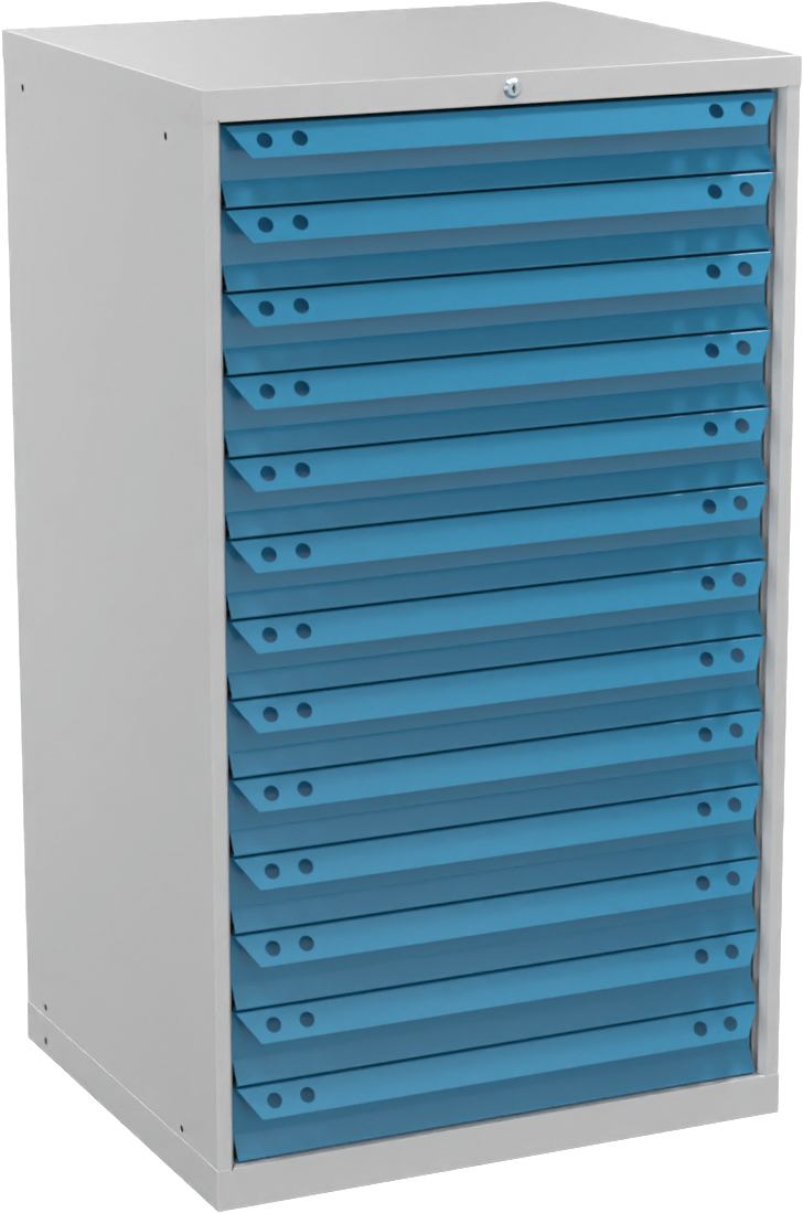 Schubladenschrank Höhe 1400mm mit 13 Schubl. 80kg RAL7035/5012 T695 x B605mm