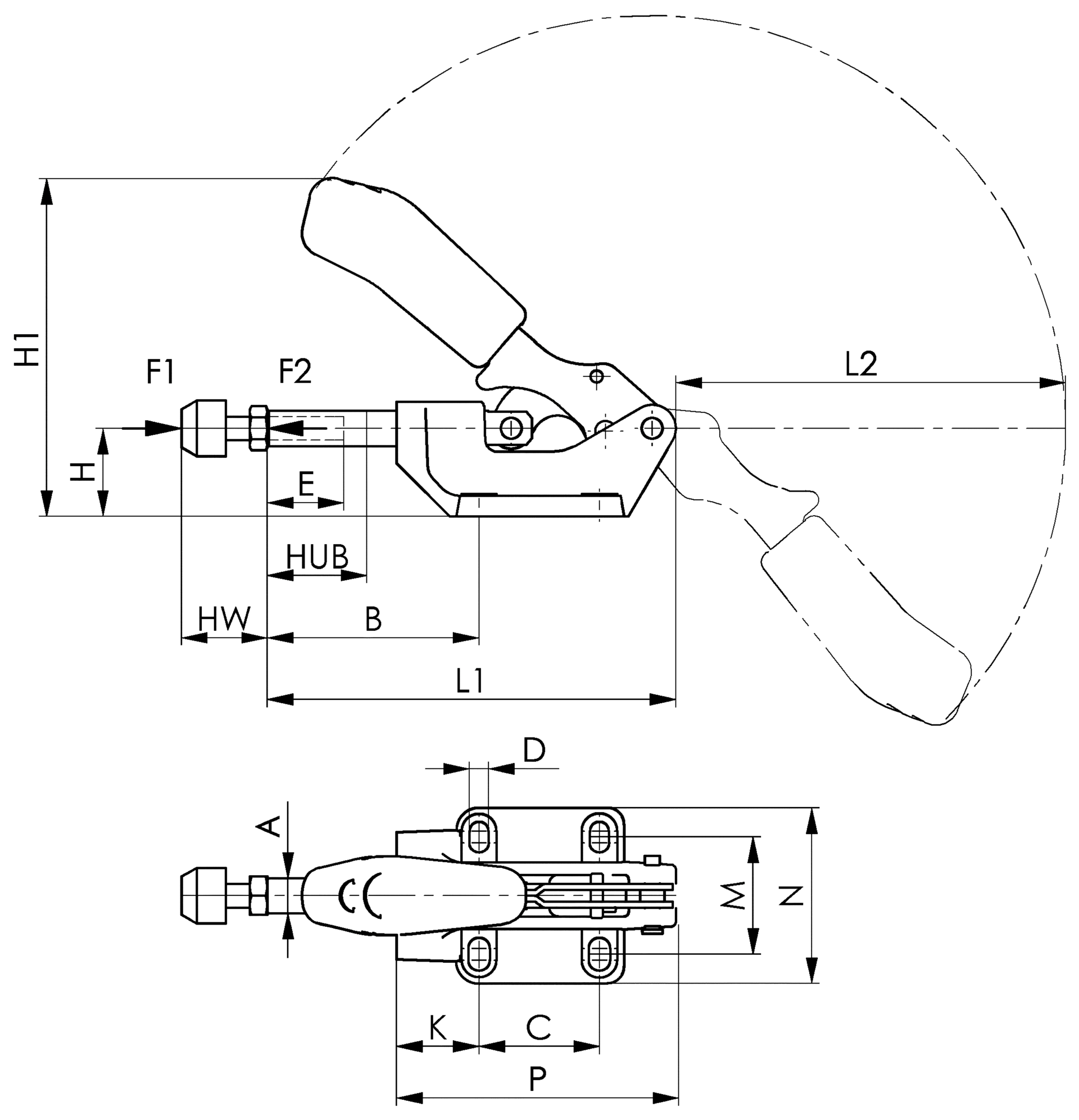 Schubstangenspanner schwer mit waagerechtem Fuß H115mm L140mm schwere Ausführung Gr. 3