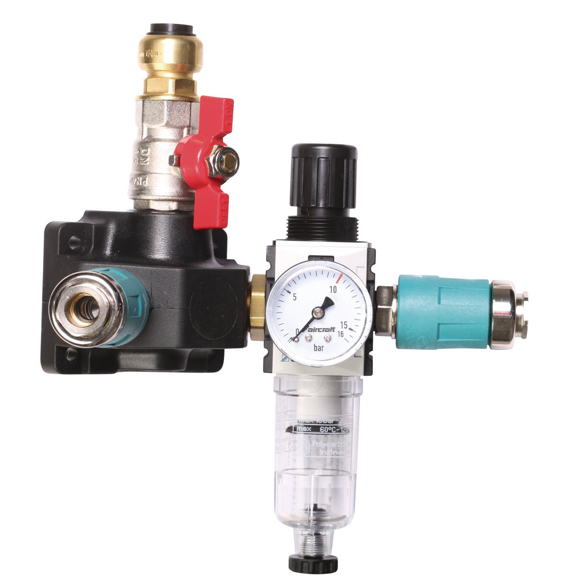 Endverteilerdose mit zwei Sicherheitskupplungen, Absperrhahn und Filterdruckregler Aircraft 12 bar 18 mm