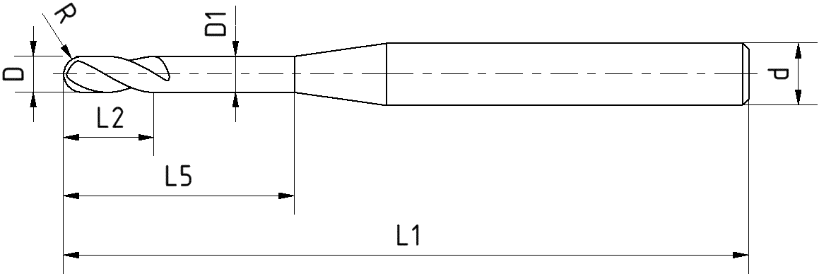 Vollradiuskopierfräser VHM TiAlN+ Z2 HSC Micro Typ H WN/DIN6535-HA D2mm L10mm