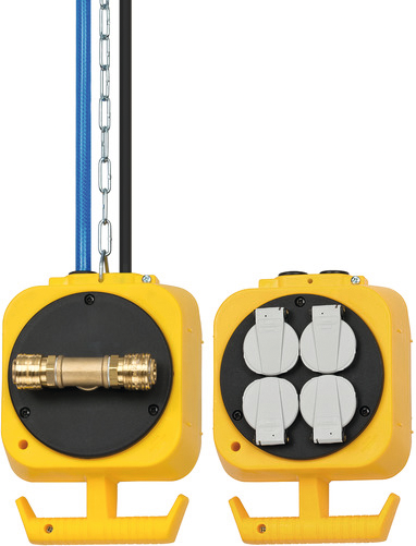 Pendelstromverteiler Druckluft 230V mit 4 Schuko-Steckdosen und 2 Druckluftanschlüsse IP20 Pendelstromverteiler Druckluft 230V mit 4 Schuko-Steckdosen und 2 Druckluftanschlüsse IP20