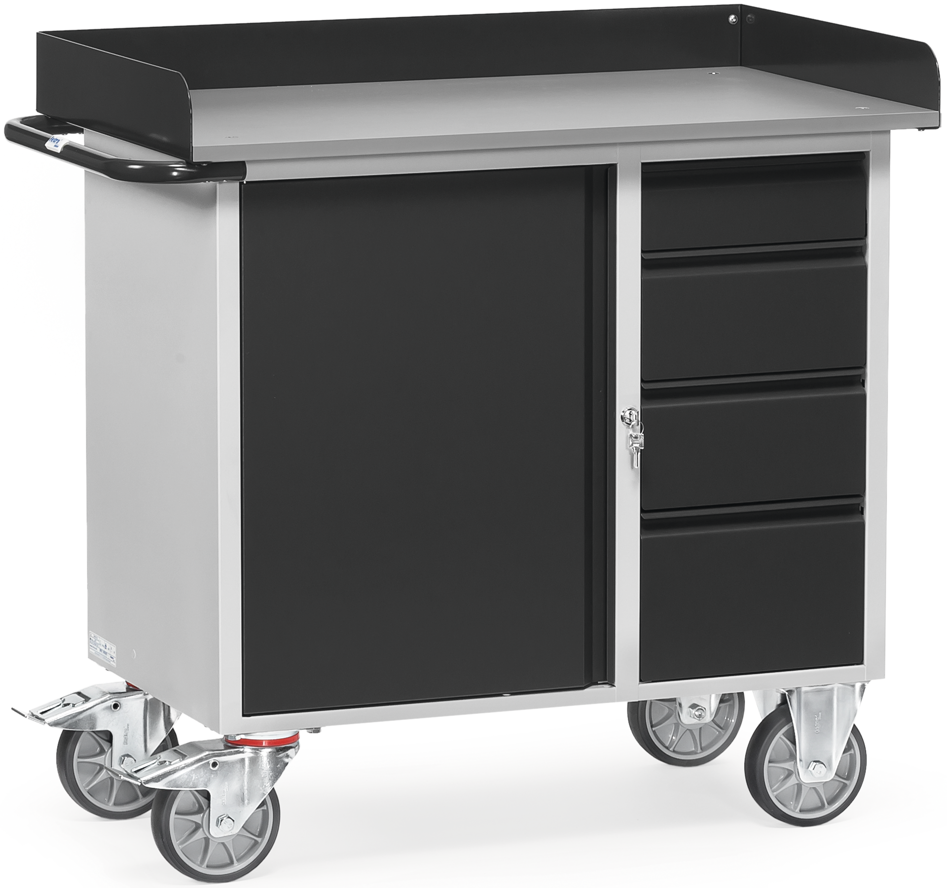 Werkstattwagen mit Abrollrand RAL7035/7016 400kg 1 Tür 4 Schubladen Werkstattwagen mit Abrollrand RAL7035/7016 400kg 1 Tür 4 Schubladen