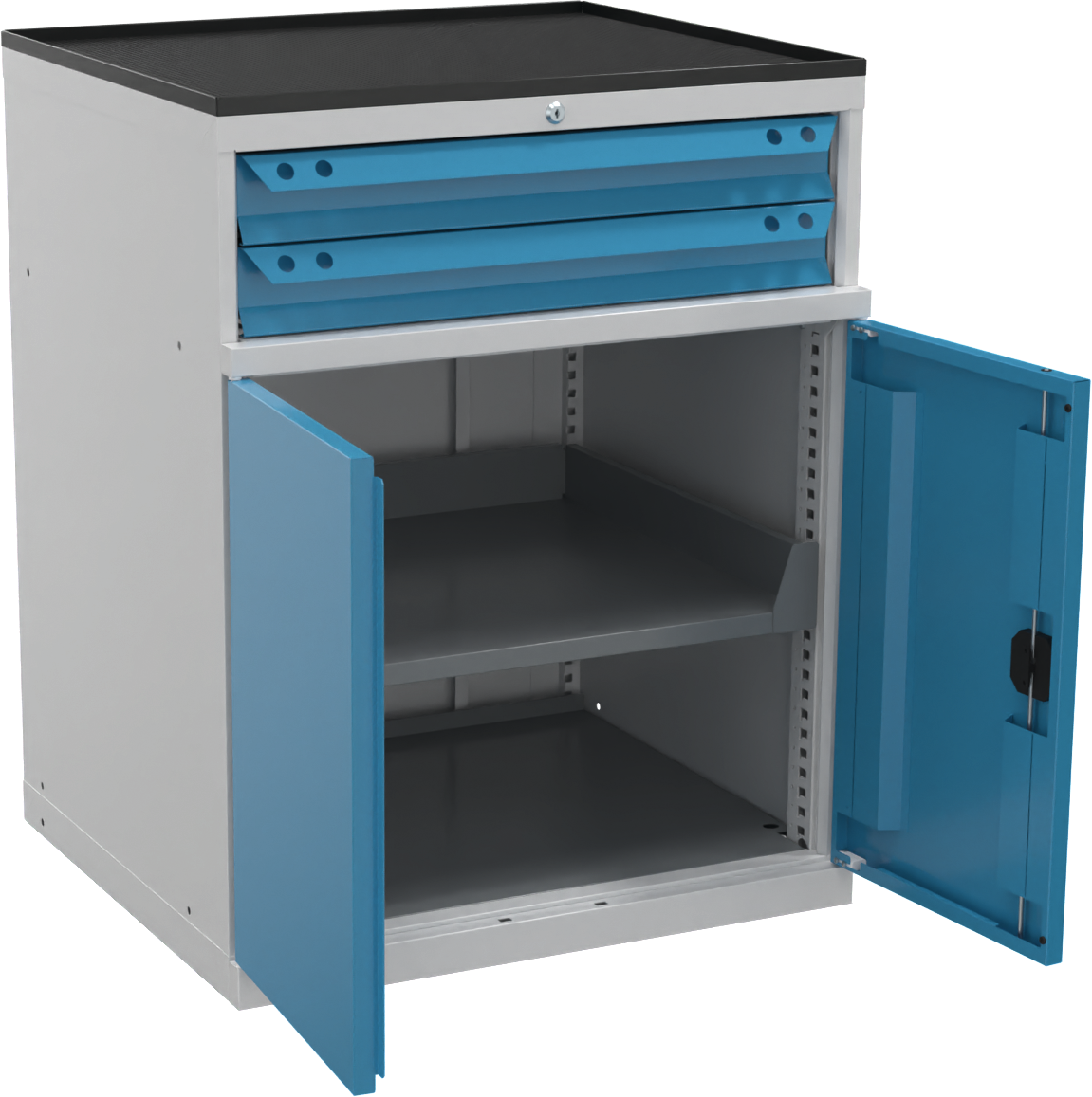 Maschinenschrank mit 2 Schubladen 80kg RAL7035/5012 H800 x T695 x B605mm