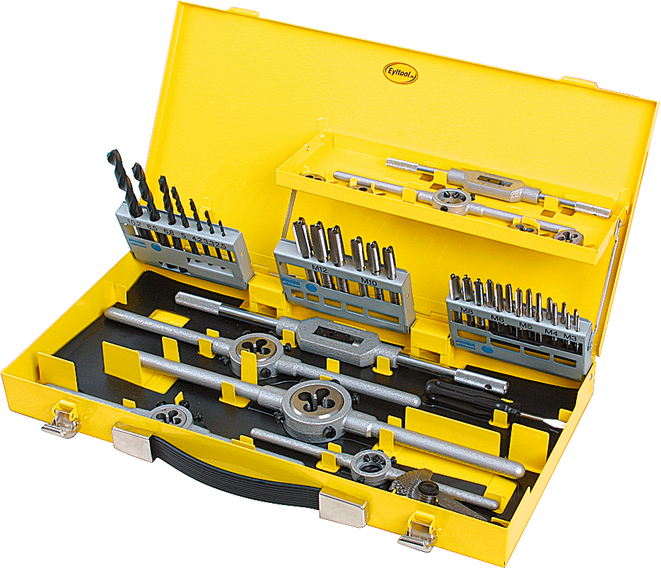 Gewindeschneidwerkzeug Sortiment M3-M12 HSS 44-teilig DIN352 Eyltool-Metallkassette + Schneideisen + Kernbohrer