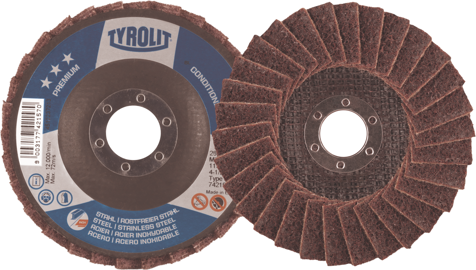 Tyrolit Fächerschleifscheibe Vlies "2in1" Stahl/VA Ø 125 mm rot mittel