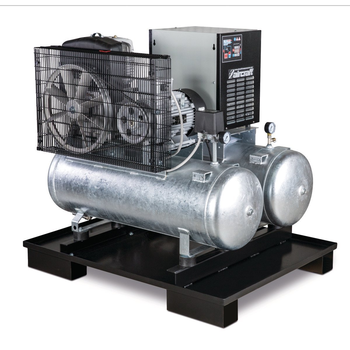 Stationärer Kolbenkompressor mit 2x 100 Liter-Druckluftbehältern und Kältetrockner Aircraft AIRPROFI DUO 853/2x100/10 K