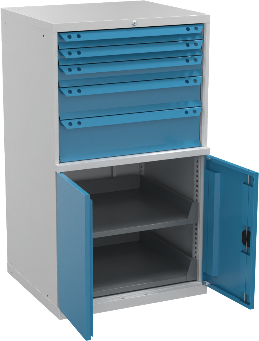 Maschinenschrank mit 2 Schubladen 80kg RAL7035/5012 H800 x T695 x B605mm