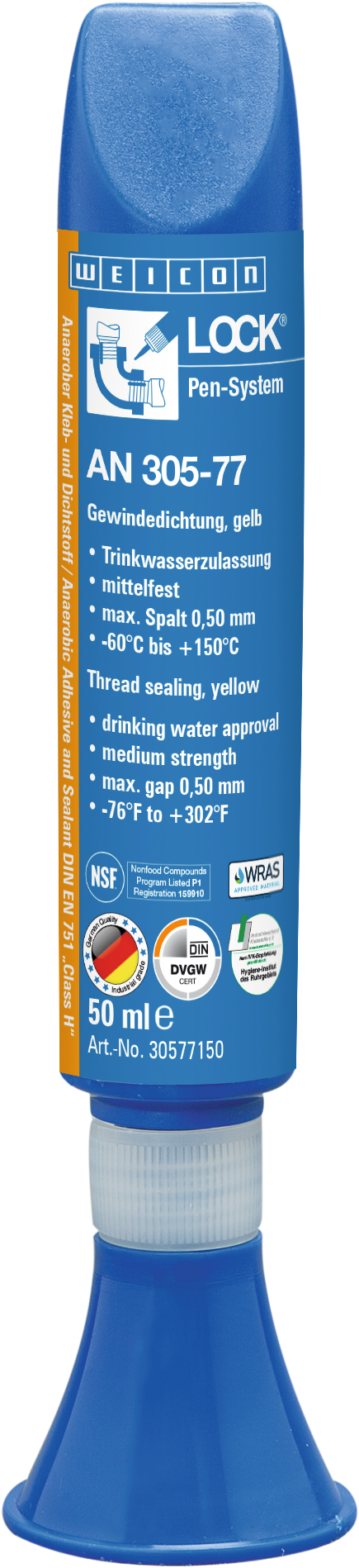 Rohrgewindedichtung mittelfest DVGW WEICONLOCK® AN 305-77 mit NSF®-Zertifizierung 50ml gelb Rohrgewindedichtung mittelfest DVGW WEICONLOCK® AN 305-77 mit NSF®-Zertifizierung 50ml gelb