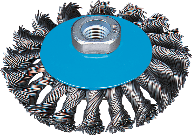 Kegelbürste gezopfter Stahldraht mit Gewinde M14x2mm D115mm Kegelbürste gezopfter Stahldraht mit Gewinde M14x2mm D115mm