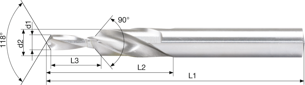 Kurzstufenbohrer 90° Durchgangsloch Senkung fein HSS D11,5/6,4mm Typ N M6 Kurzstufenbohrer 90° Durchgangsloch Senkung fein HSS D11,5/6,4mm Typ N M6