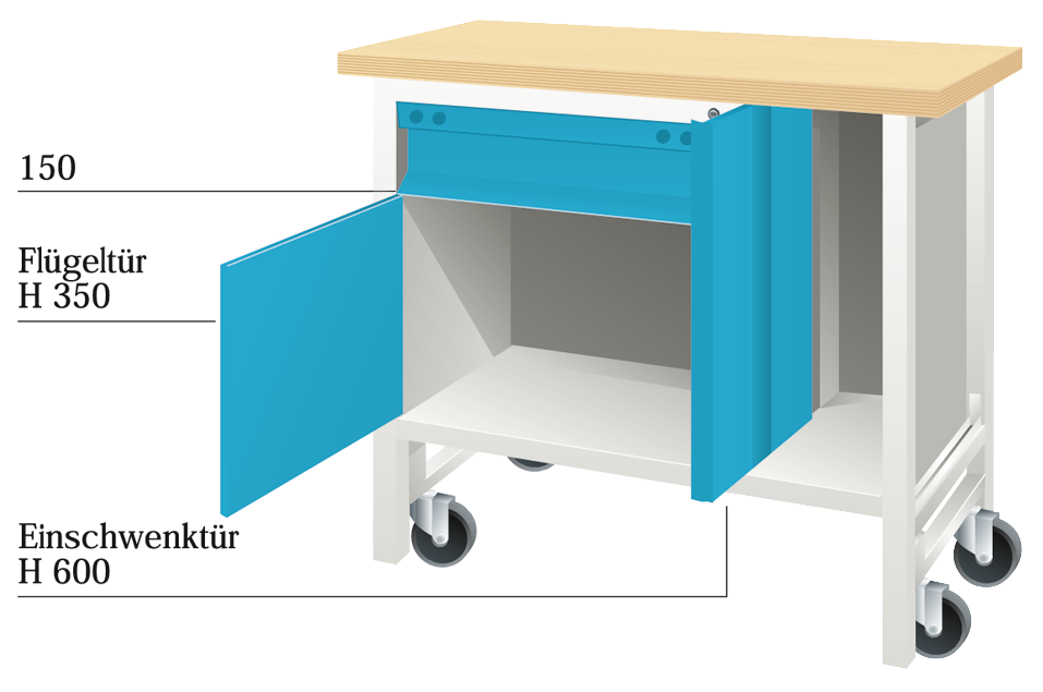 Werkbank Mobil "EYL 1" RAL7035/5012 1 Schublade, 1 Flügeltür H860 x T700 x B1000mm