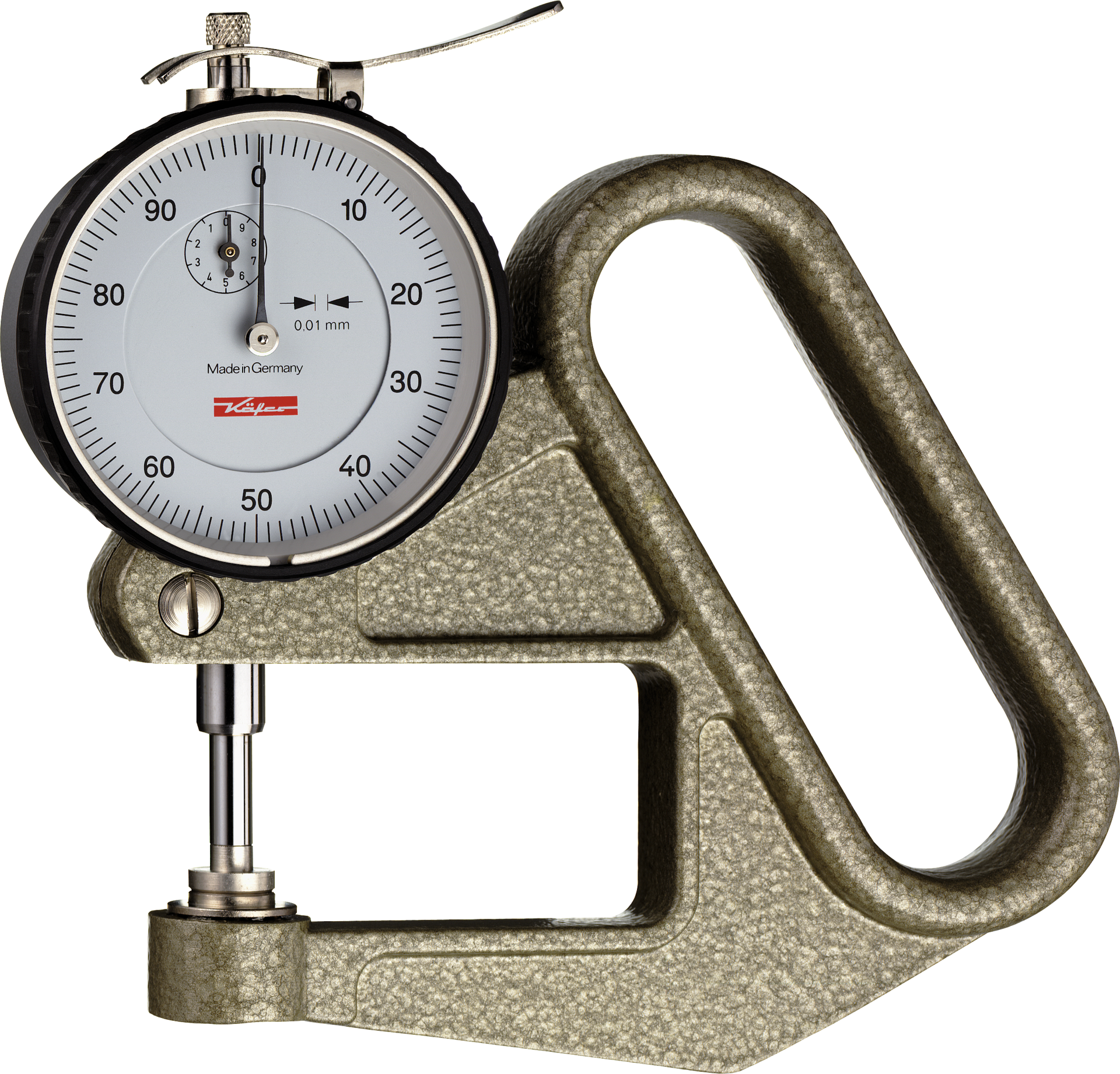 Dickenmessgerät Abl. 0,01mm ZU1mm Werksnorm Bügeltiefe 50mm MS10mm Dickenmessgerät Abl. 0,01mm ZU1mm Werksnorm Bügeltiefe 50mm MS10mm