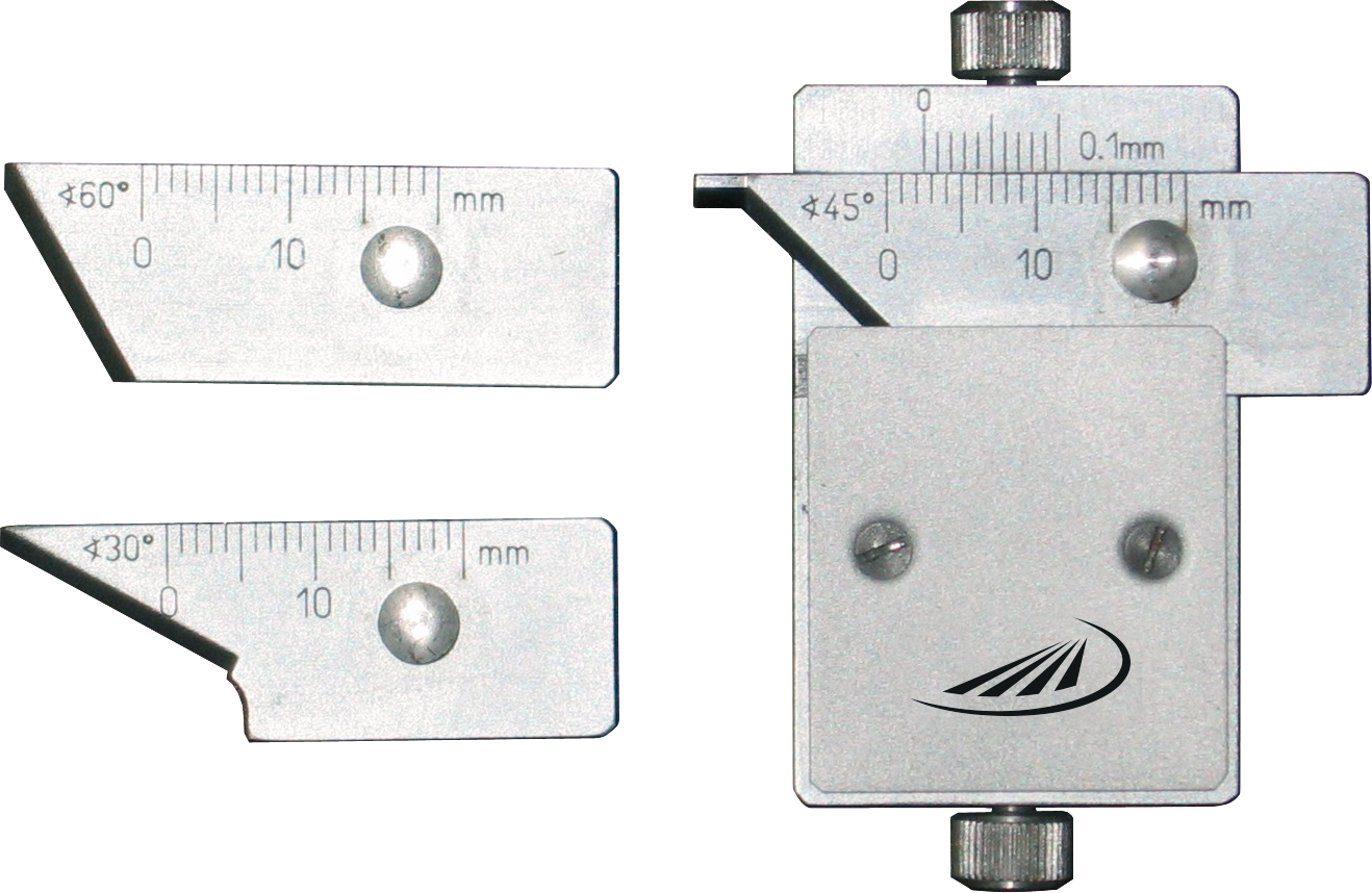 Fasenmessgerät für 30°/45°/60° MB20mm Abl. 0,1mm mit 3 auswechselbaren Schienen